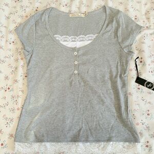NWT Liberty Love Button Up Top with Lace, Gray, Junior XL